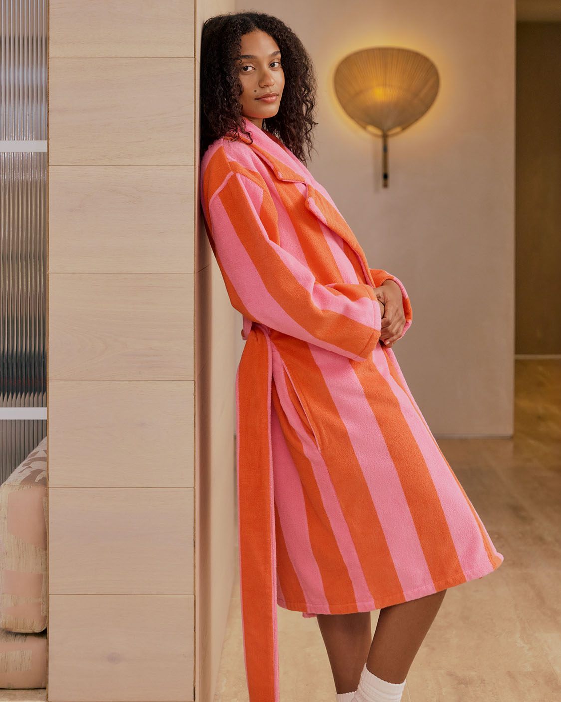 pink and orange dressing gown THE DRESSING GOWN in Sunset Awning STRIPED Gauze Sunset Awning Stripe Chios Gauze / 2023SP389 SASCG / 0